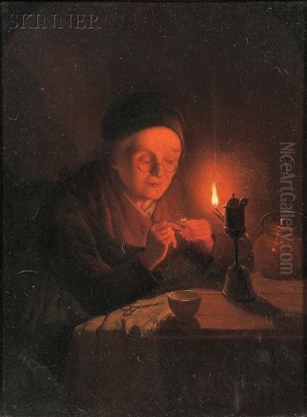 Old Woman Threading A Needle By Candlelight Oil Painting by Andreas Franciscus ver Meulen