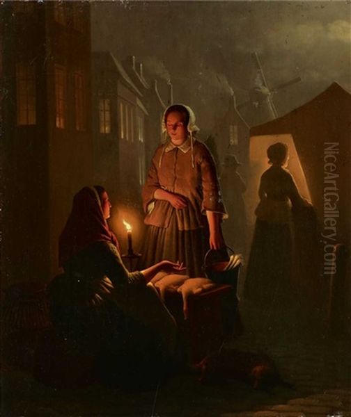 Marktszene Bei Kerzenlicht Oil Painting by Andreas Franciscus ver Meulen