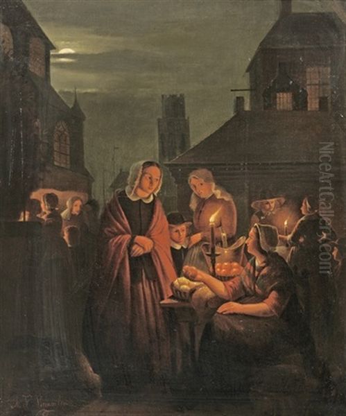 At The Evening Market Oil Painting by Andreas Franciscus ver Meulen