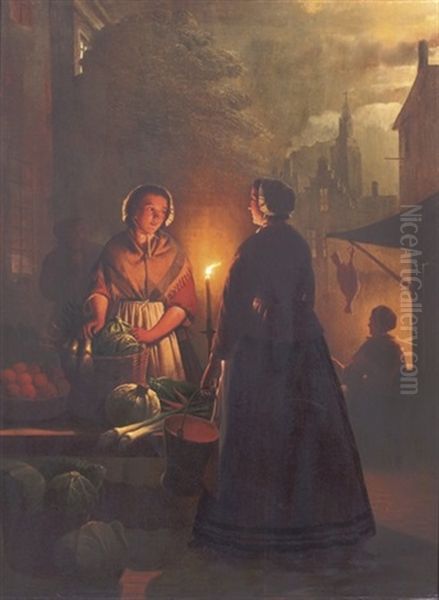 A Market Stall By Night Oil Painting by Andreas Franciscus ver Meulen