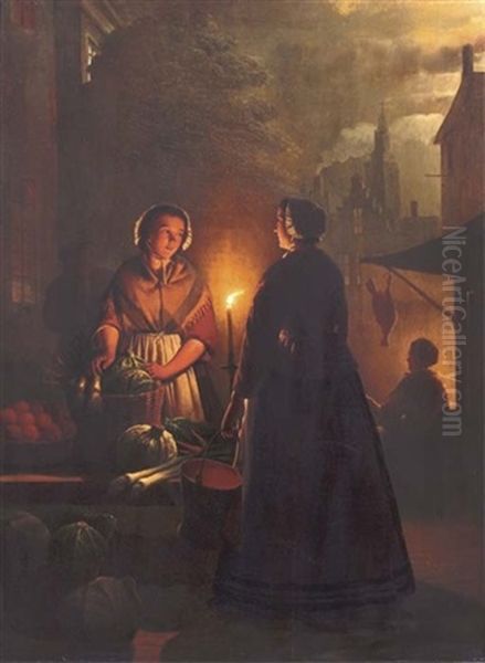 A Market Stall By Night Oil Painting by Andreas Franciscus ver Meulen