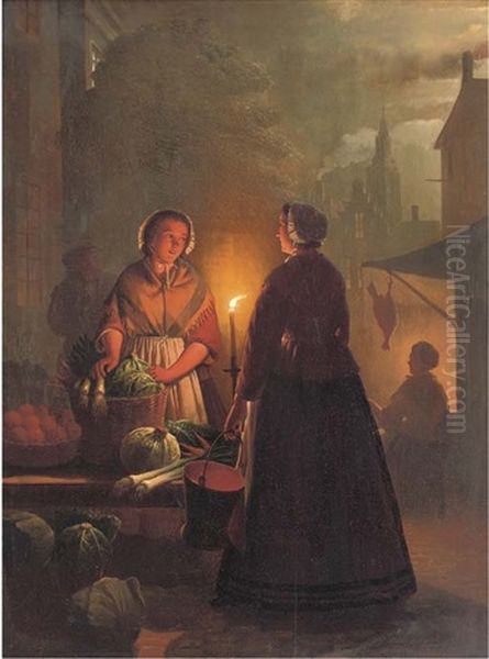 The Vegetable Market At Night Oil Painting by Andreas Franciscus ver Meulen