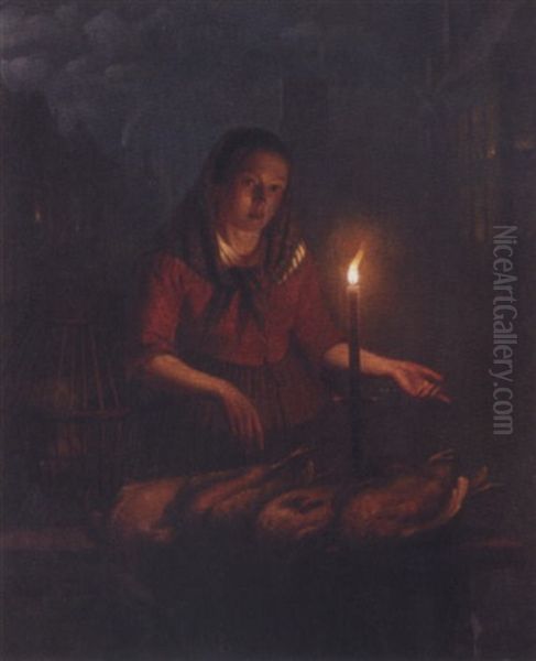 A Candlelit Market Stall Oil Painting by Andreas Franciscus ver Meulen