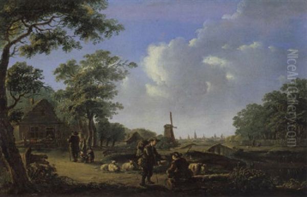 Landschaft Mit Einem Reisenden, Der Mit Einem Schafer Spricht. Im Hintergrund Die Hauser Und Turme Einer Stadt Oil Painting by Andreas Franciscus ver Meulen