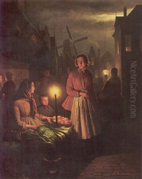 A Fruit Stall By Candlelight Oil Painting by Andreas Franciscus ver Meulen