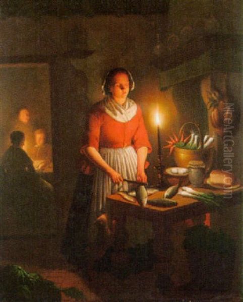 A Candlelight Interior Oil Painting by Andreas Franciscus ver Meulen