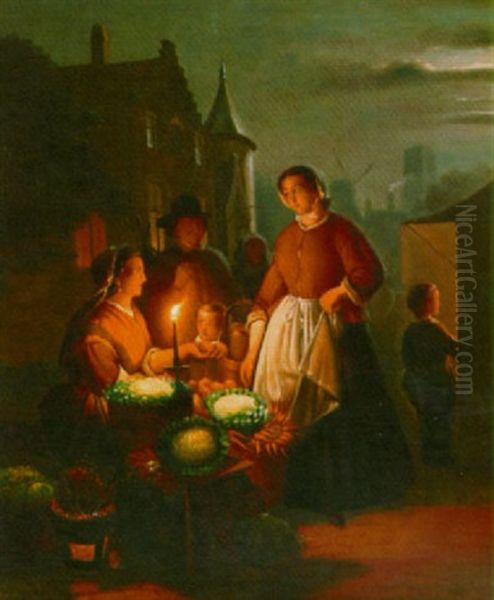 A Vegetable Market By Night Oil Painting by Andreas Franciscus ver Meulen