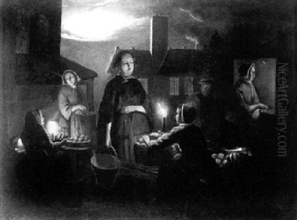 Vegetable Sellers By Candlelight Oil Painting by Andreas Franciscus ver Meulen