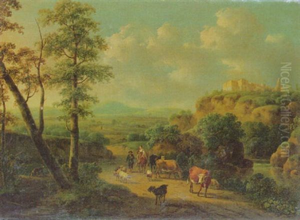 Peasants And Cattle In An Italianate Landscape Oil Painting by Cornelis ver Meulen