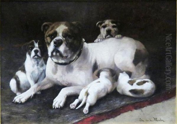 A Bulldog And Her Puppies Oil Painting by Edmond Van Der Meulen