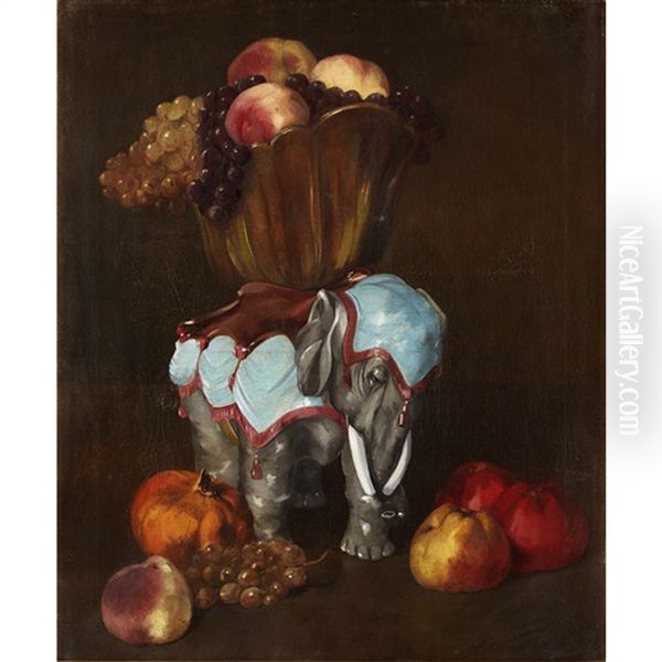 Still Life With Elephant Statuette And Mixed Fruits Oil Painting by Edmond Van Der Meulen