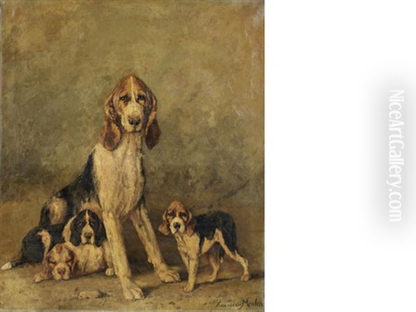 A French Hunting Hound And Puppies by Edmond Van Der Meulen