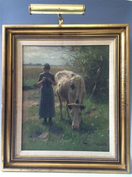 A Woman Knitting In A Field With Cow Grazing Nearby Oil Painting by Francois Pieter ter Meulen