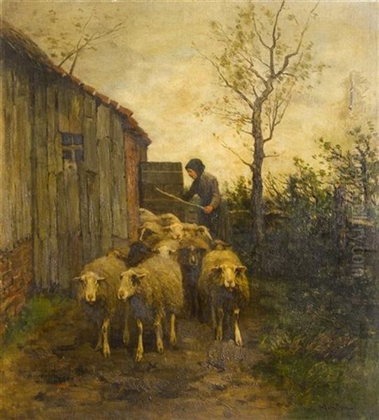 Woman With Sheep Oil Painting by Francois Pieter ter Meulen