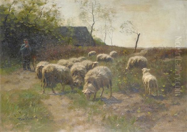 Shepherd And Sheep Beside A Barn Oil Painting by Francois Pieter ter Meulen