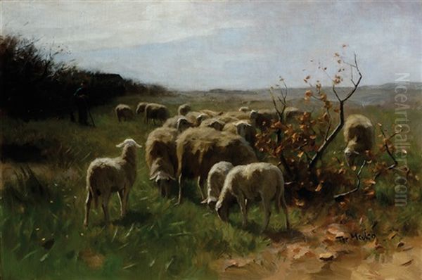 A Shepherd With A Flock Of Sheep Oil Painting by Francois Pieter ter Meulen