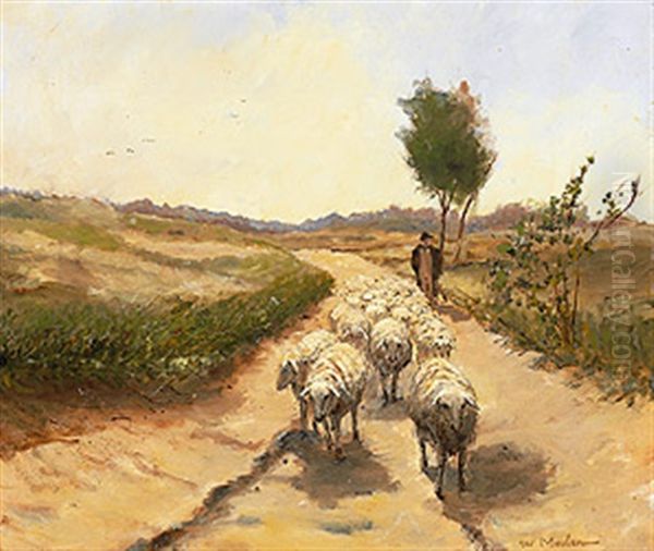 Schafer Mit Seiner Herde Auf Sandigem Weg Oil Painting by Francois Pieter ter Meulen