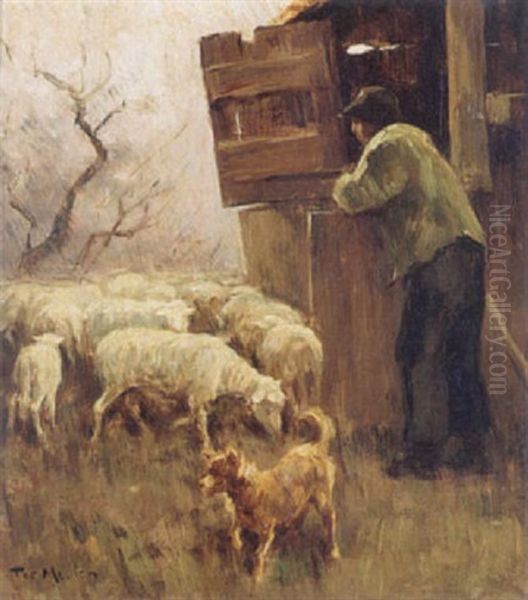 A Farmer And His Sheep Oil Painting by Francois Pieter ter Meulen