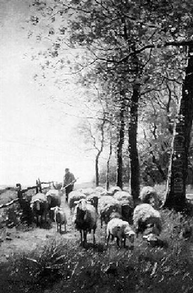 Herder And Sheep At The Edge Of The Woods Oil Painting by Francois Pieter ter Meulen