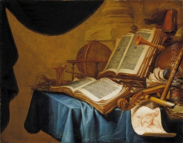 Stillleben Mit Globus, Musikinstrumenten, Buchern Und Einer Rotelzeichnung Oil Painting by Jan (Johannes) ver Meulen