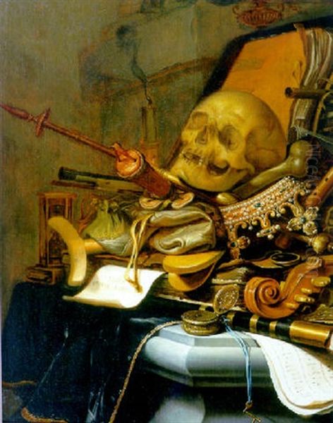 A Vanitas - A Skull On An Upturned Crown, An Hourglass, Musical Instruments And Weapons On A Partly Draped Stone Ledge Oil Painting by Jan (Johannes) ver Meulen