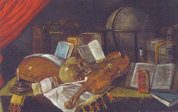 A Vanitas Still Life With Books, A Lute, A Violin, A Globe And A Skull With A Snuffed Candle On A Draped Table Oil Painting by Jan (Johannes) ver Meulen