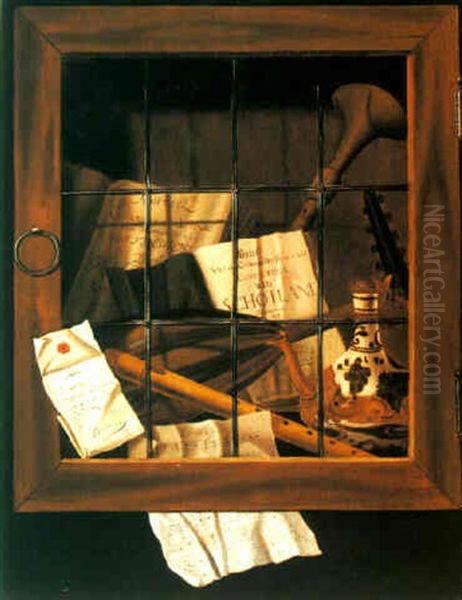 A Trompe L'oeil Of A Vanitas Arranged Behind A Closed Window Oil Painting by Jan (Johannes) ver Meulen