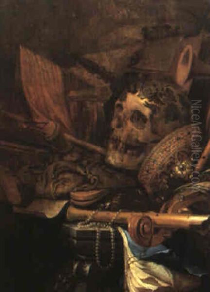 Vanitas Still Life With A Skull, Pearl Necklace And Book On A Stone Ledge Oil Painting by Jan (Johannes) ver Meulen