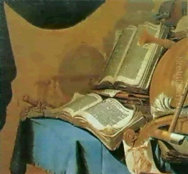 Vanitas-stilleben Mit Musikin-strumenten, Alten Folianten,  Stundenglas Und Einer Rotel- Zeichnung Vor Saule Und Draper Oil Painting by Jan (Johannes) ver Meulen