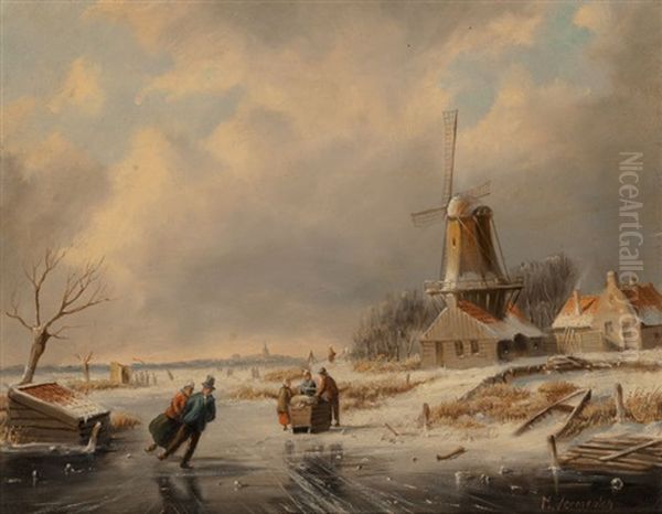 Romantic Winter Landscape, Circa 1890 Oil Painting by Marinus Cornelis Thomas ver Meulen