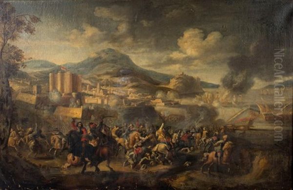 Choc De Cavalerie Pres D'une Ville Fortifiee Oil Painting by Pieter Meulenaer