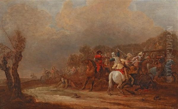 A Cavalry Engagement Oil Painting by Pieter Meulener