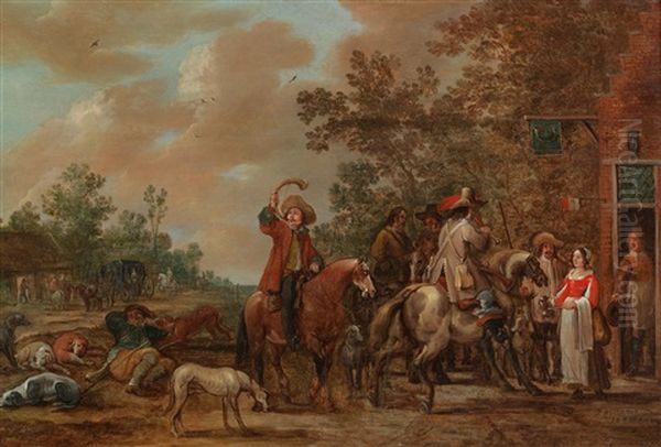 Horsemen Resting Outside The Post Horn Inn Oil Painting by Pieter Meulener