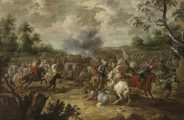 Bandits Attacking A Wagon Convoy Oil Painting by Pieter Meulener