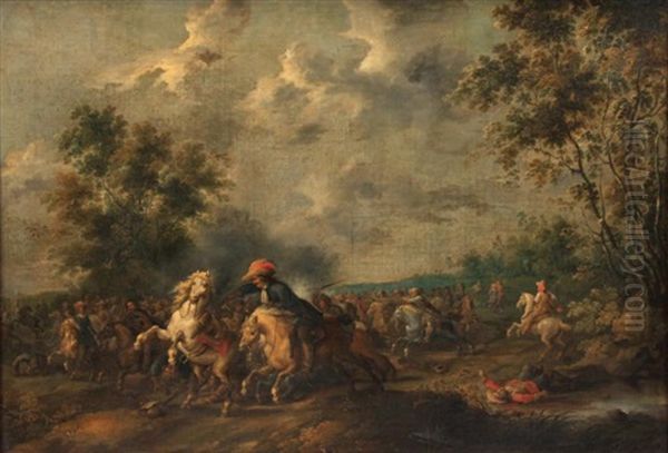 Combat De Cavaliers En Lisiere De Foret Oil Painting by Pieter Meulener