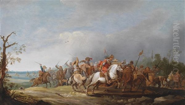 Ein Reitergefecht Zur Zeit Des Dreisigjahrigen Krieges, Das Gemalde Ist Auf Dem Grauen Oil Painting by Pieter Meulener