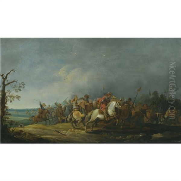 Landscape With A Cavalry Skirmish Oil Painting by Pieter Meulener