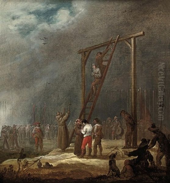 Prisoners At The Gallows Before An Army Oil Painting by Pieter Meulener