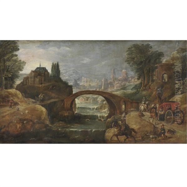 View Of The Outsksirts Of A Town With Elegant Travellers Along The Banks Of A River Oil Painting by Pieter Meulener