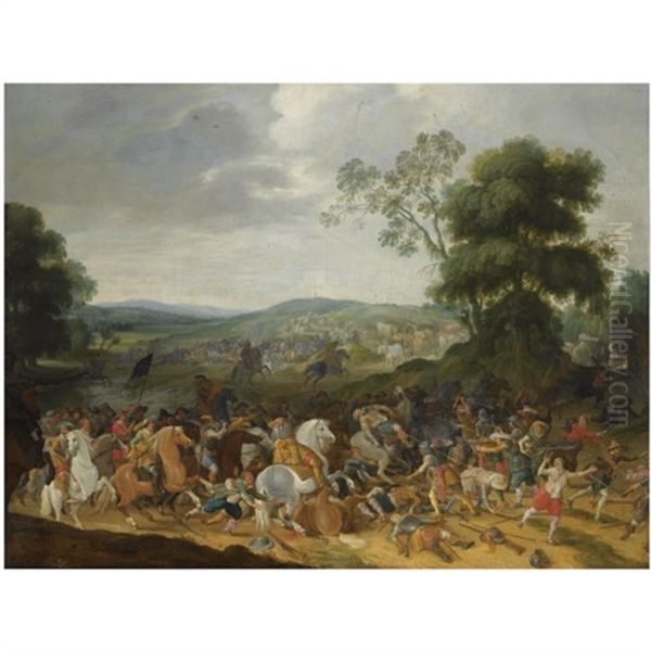 A Cavalry Battle Scene In A Hilly Landscape Oil Painting by Pieter Meulener