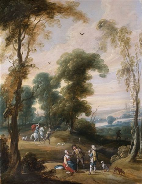 Waldlandschaft Mit Falkenjagern Und Einem Schimmelreiter Oil Painting by Pieter Meulener