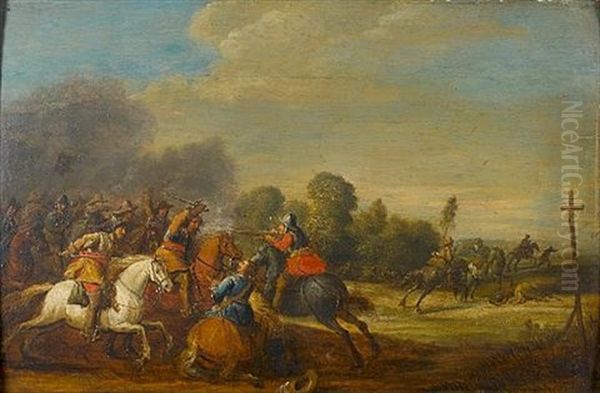 A Battle Scene With Soldiers On Horseback Oil Painting by Pieter Meulener