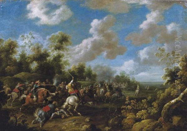 A Cavalry Skirmish In A Wooded Landscape Oil Painting by Pieter Meulener