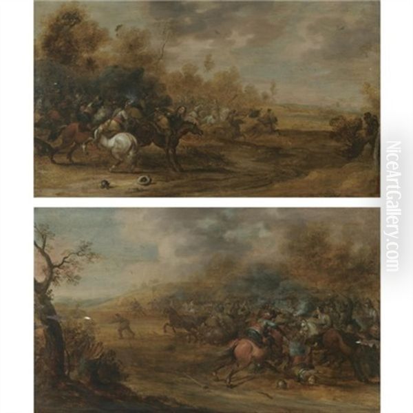 Cavalry Battles (pair) Oil Painting by Pieter Meulener