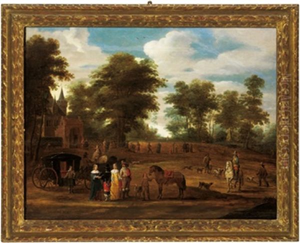 Elegante Gesellschaft Mit Einer Kutsche Im Gesprach Vor Einem Schloss In Einer Bewaldeten Landschaft Oil Painting by Pieter Meulener