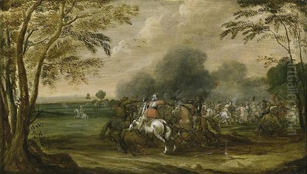 Combat De Cavalerie (+ Another, Similar; Pair) Oil Painting by Pieter Meulener