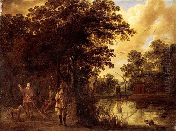 A River Landscape With Three Hunstmen With Their Dogs Oil Painting by Pieter Meulener