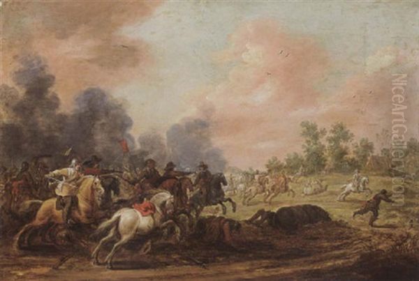 A Cavalry Battle Scene On An Open Field Near A Farm Oil Painting by Pieter Meulener