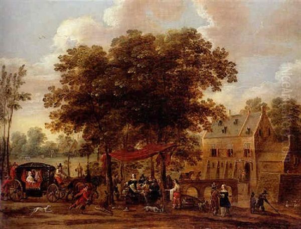 Une Reception Devant Un Palais Avec L'arrivee D'un Carrosse Oil Painting by Pieter Meulener