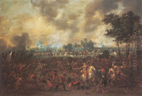 A Cavalry Skirmish On An Extensive Battlefield Oil Painting by Pieter Meulener